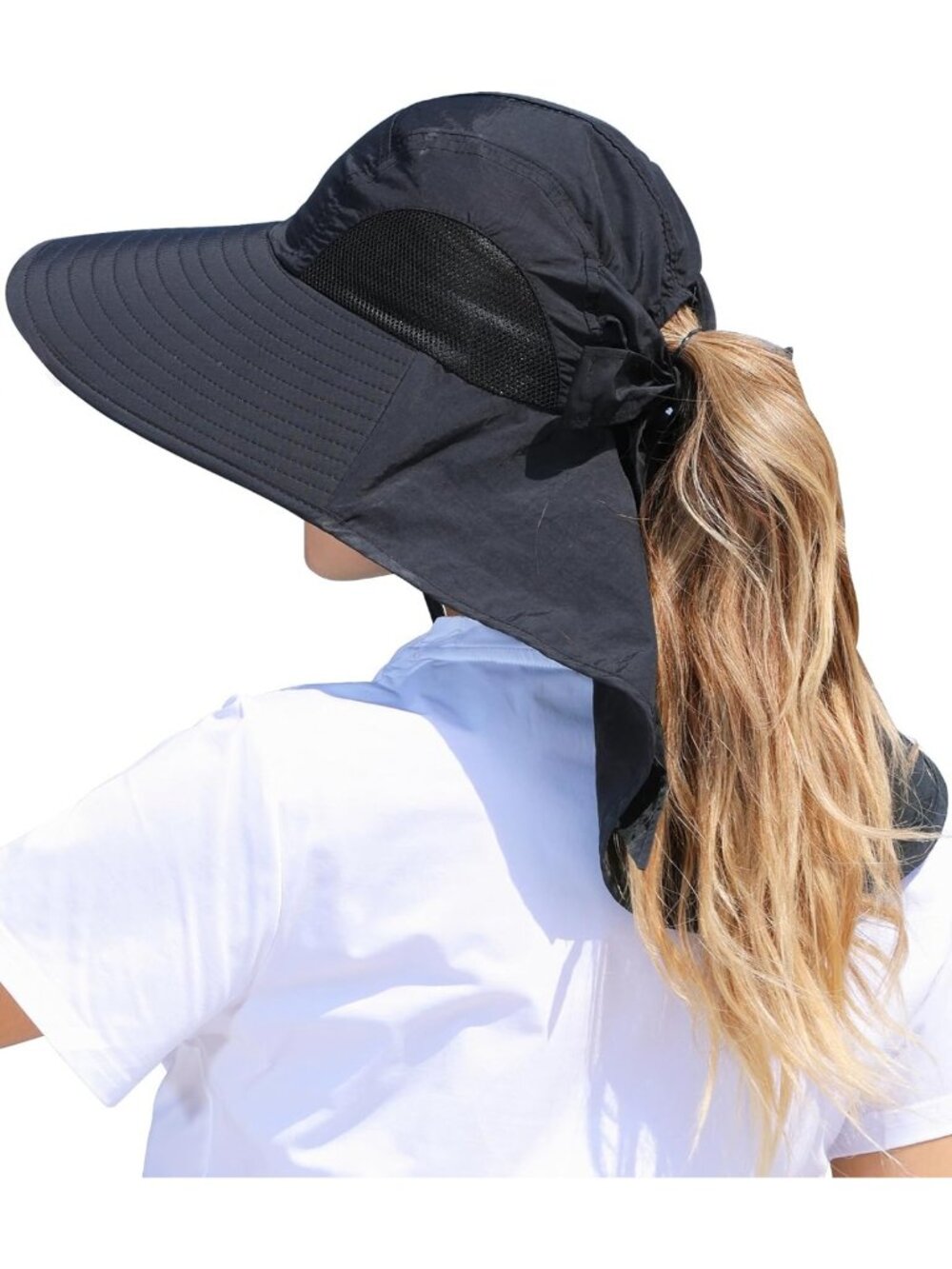 Women's UV Protection Wide Brim Sun Hat with Ponytail Hole & Neck Flap for